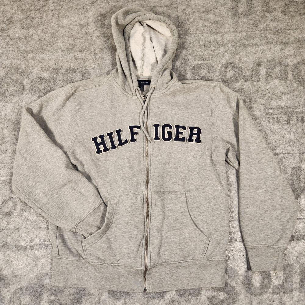 Tommy Hilfiger Hoodie Men's M Gray Zip Embroidered Flannel outer - fleece inner